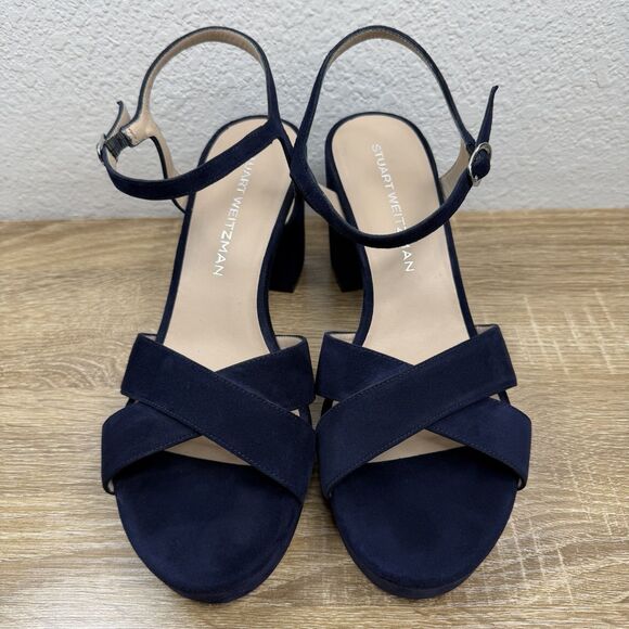Stuart Weitzman Dayna 80MM Leather Platform Sandals SIZE 10 B Blue Suede
